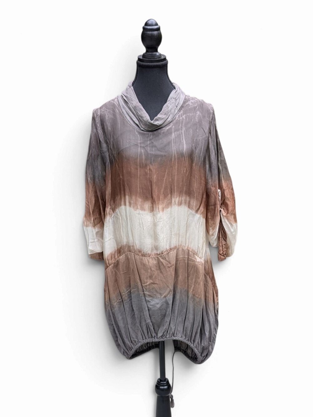 Earthy Boho Lagenlook Cowl Neck Balloon Hem Shirt Italian Silk Tunic Top Ombre F